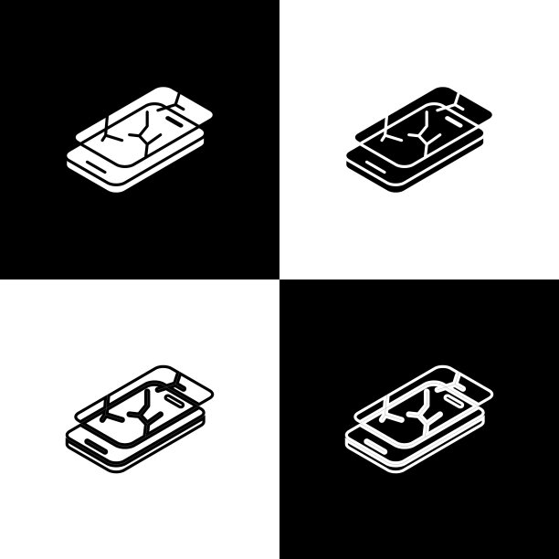 设置智能手机与破碎屏幕图标隔离在黑白背景。破碎的手机屏幕图标。向量图片下载