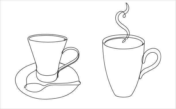 抽象的形象在一个线性风格的杯子与热茶。图片下载