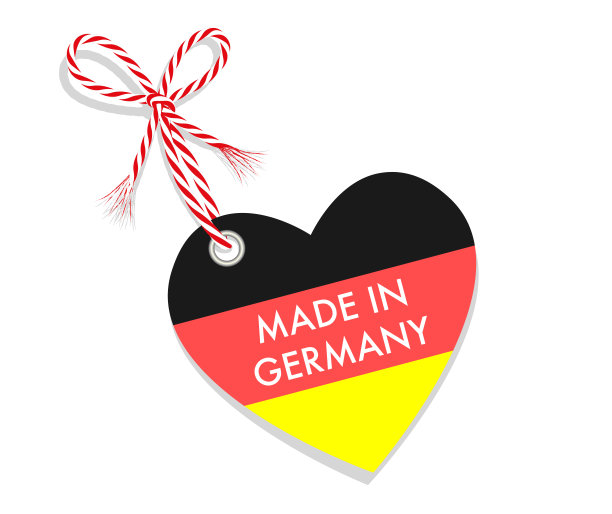 德国制造标志，以德国三色与红白绳弦的心形矢量图，隔离在白色背景上图片下载