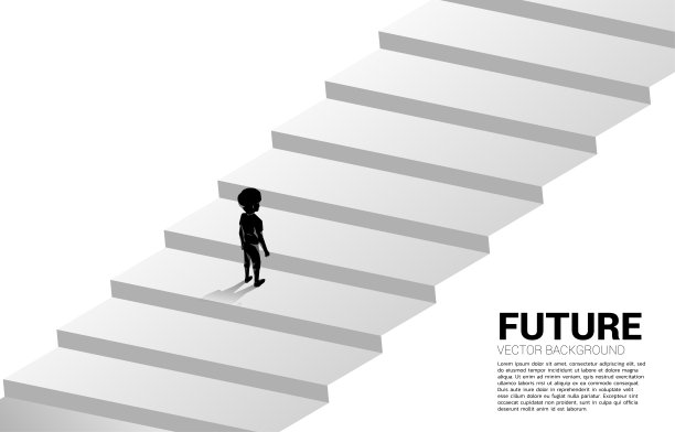 男孩站在楼梯台阶上的剪影。图片下载