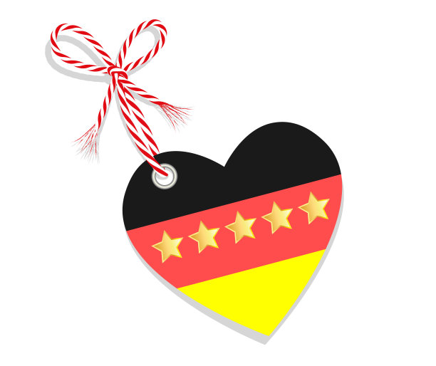 爱心形德国国旗，配红白色绳 cord 和品质星，矢量图，白色背景隔离图片下载