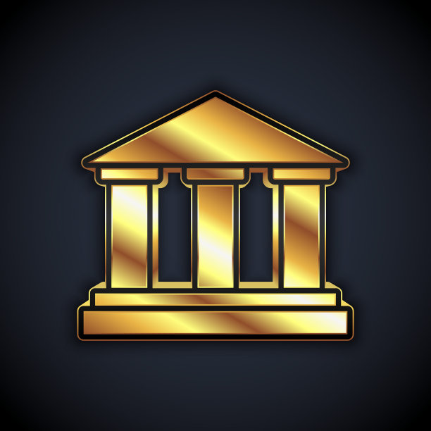金色博物馆建筑图标孤立在黑色背景上。向量图片下载