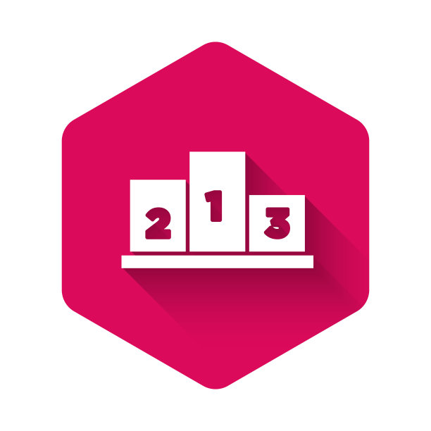 白色奖项在体育冠军领奖台图标孤立与长阴影背景。粉红色的六角按钮。向量图片下载