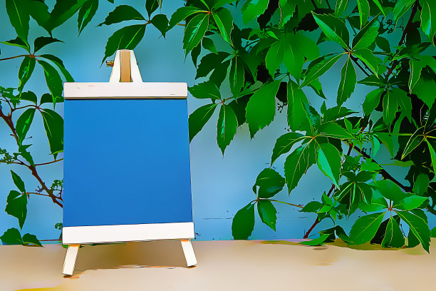 黑板放在装有植物的木桌上。插图画背景图片下载