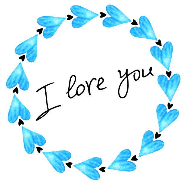 我爱你——在蓝色水彩心形框里刻字。标题，边界，情人节的背景模板，贺卡，感情的声明，网络图片下载