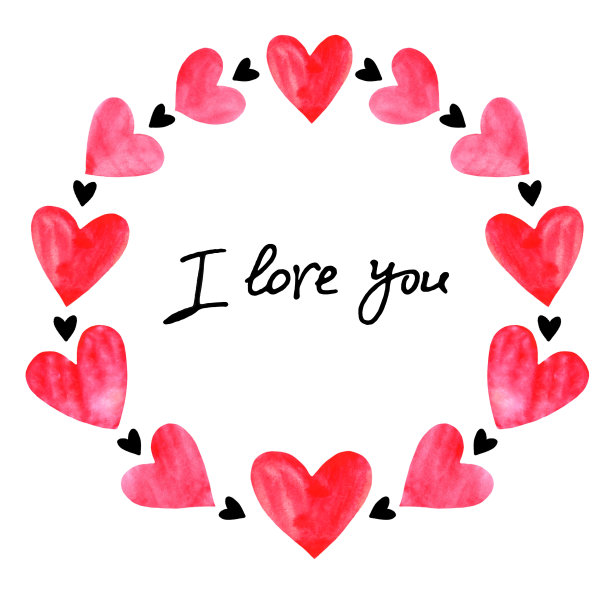 我爱你-红色水彩画心框里的字。标题，边界，情人节的背景模板，贺卡，感情的声明，网图片下载