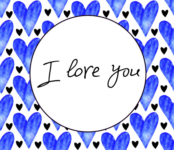 我爱你——在蓝色水彩心形框里刻字。标题，边界，情人节的背景模板，贺卡，感情的声明，网络图片下载