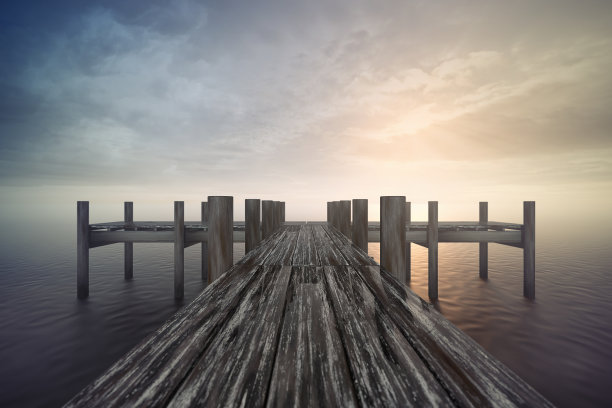 空木栈桥与日落海景。3d渲染图片下载