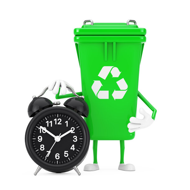 回收标志绿色垃圾垃圾桶人物吉祥物闹钟。3d渲染图片下载