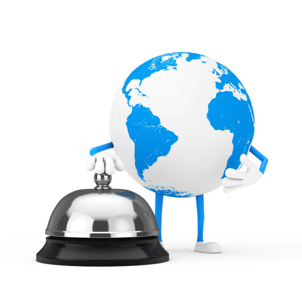 地球人物吉祥物与酒店服务呼叫。3d渲染图片下载