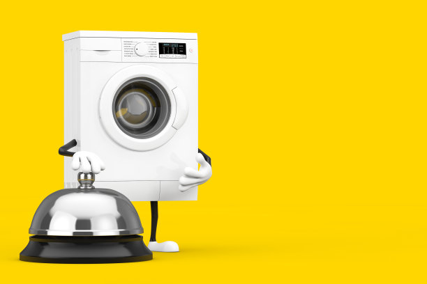 现代白色洗衣机人物吉祥物与酒店服务呼叫。3d渲染图片下载