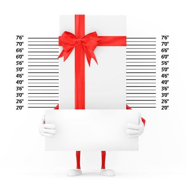 白色礼盒和红色丝带的人物吉祥物识别牌在警察指认或脸部照片背景。3d渲染图片下载