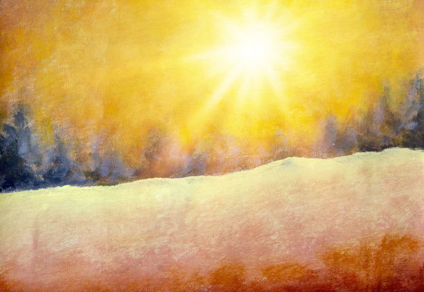 墙装饰。画布上原始的金色乡村冬季森林景观油画。厚涂的颜料艺术品。印象主义艺术。图片下载