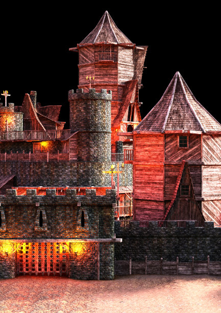 3D插图中世纪要塞村庄图片下载