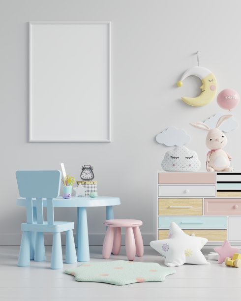模拟海报框架在儿童房，儿童房，幼儿园模型，白色墙。图片下载