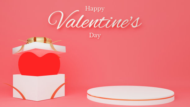 红心在打开的白色礼盒与红丝带与圆形讲台和文字。情人节的概念。3 d渲染图图片下载