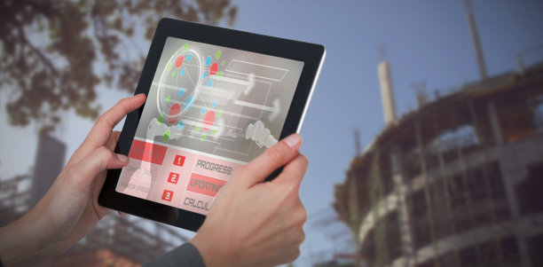 手持数码平板电脑的女商人裁剪图像的合成3d图像图片下载