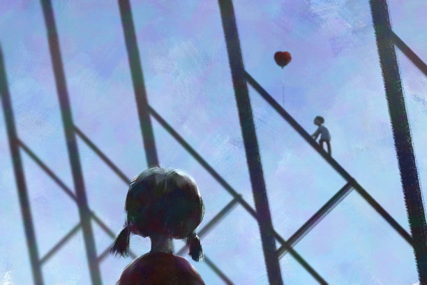 数字画的女孩看男孩爬取一个心形的气球，丙烯酸帆布纹理图片下载