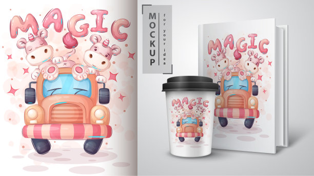 可爱的独角兽在汽车海报和商品图片下载