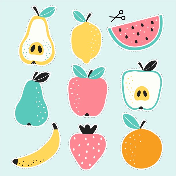 一套水果贴纸柠檬，西瓜，梨，草莓，苹果，橙子和香蕉用剪刀切割。图片下载