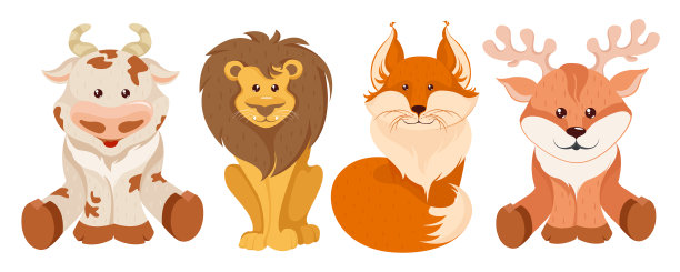 可爱的森林动物卡通风格孤立在白色的背景。野生动物，如公牛、狮子、狐狸和鹿。矢量图图片下载