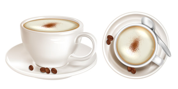 现实的咖啡与空气泡沫顶部和侧视图。咖啡与必要的配件隔离在白色背景上的现实视图。矢量图图片下载