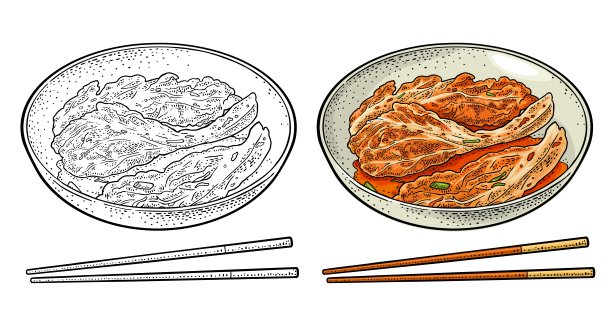 用筷子夹在盘子里的韩国泡菜。复古色矢量雕刻图片下载
