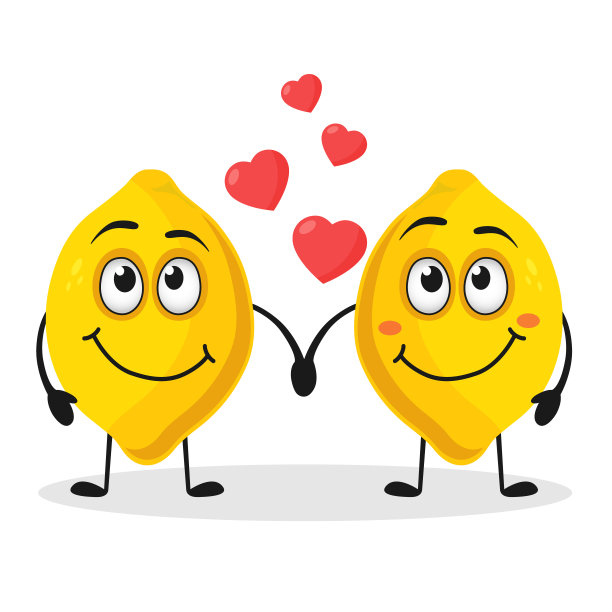 两个可爱的恋人角色柠檬牵手。在白色的背景上。矢量图图片下载