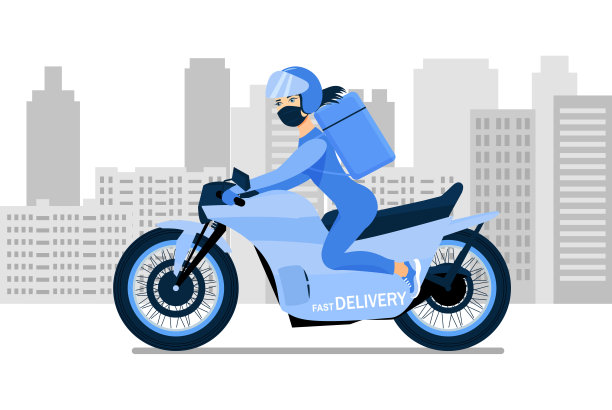 带医用口罩的送货妇女骑着摩托车快速送货。矢量平面风格的插图。图片下载