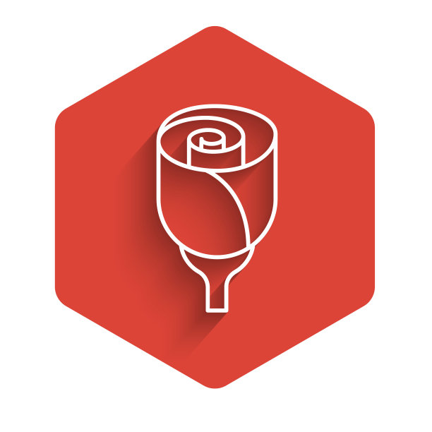 白线花玫瑰图标孤立与长影子。红色的六角按钮。向量图片下载