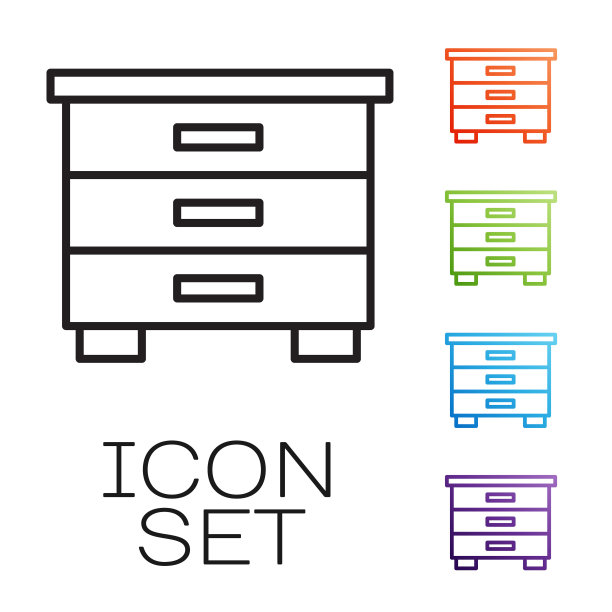黑色线条家具床头柜图标孤立在白色背景上。设置图标丰富多彩。向量图片下载