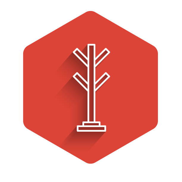 白色线外套站图标孤立与长影子。红色的六角按钮。向量图片下载