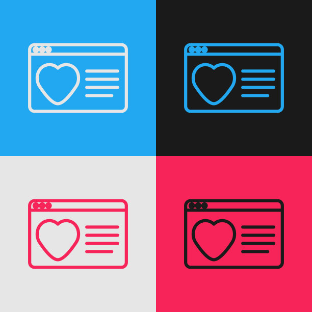 流行艺术线约会应用在线笔记本电脑概念图标孤立的颜色背景。女性男性轮廓平面设计。情侣匹配的关系。向量图片下载