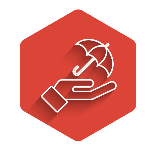 手握的白线伞图标与长阴影隔离。保险的概念。防水图标。保护、安全、安全理念。红色的六角按钮。向量图片下载