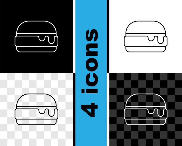 设置线汉堡图标孤立的黑色和白色，透明的背景。汉堡图标。芝士汉堡三明治的迹象。快餐菜单。向量图片下载