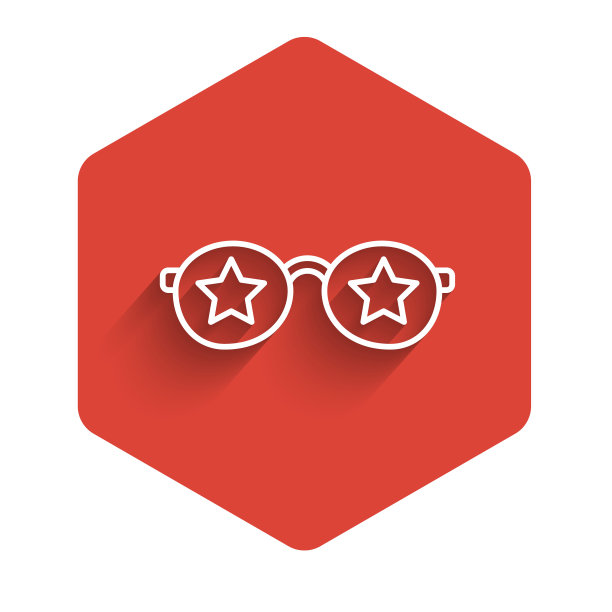 白色线眼镜与星星图标孤立与长阴影。美国独立日快乐，7月4日。红色的六角按钮。向量图片下载