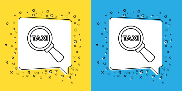 设置线放大镜和出租车的图标隔离在黄色和蓝色的背景。出租车搜索。向量图片下载