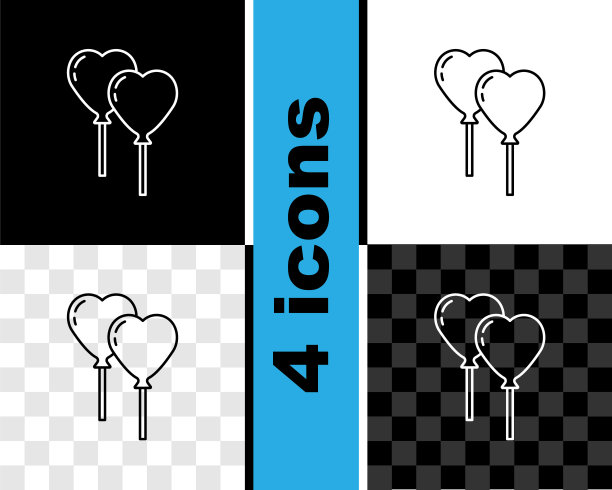 气球的形式与丝带图标隔离在黑色和白色，透明的背景。情人节。向量图片下载