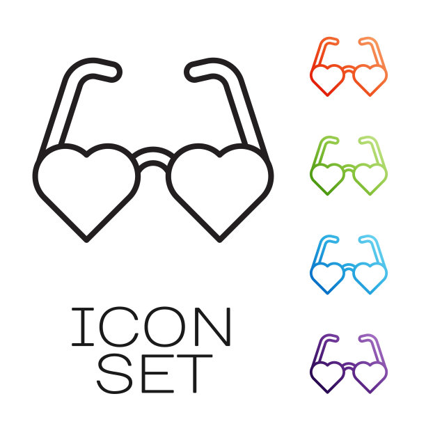 黑线心形爱眼镜图标孤立在白色背景。适合情人节贺卡设计。设置图标丰富多彩。向量图片下载