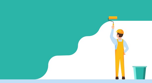 男油漆工手里拿着油漆滚筒。粉刷墙壁的工人。矢量图图片下载