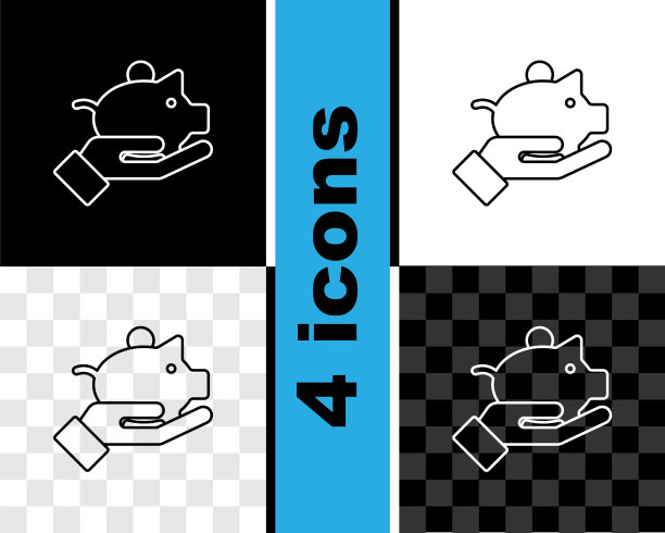 设置线存钱罐在手图标孤立的黑白，透明的背景。图标储蓄或积累金钱，投资。向量图片下载