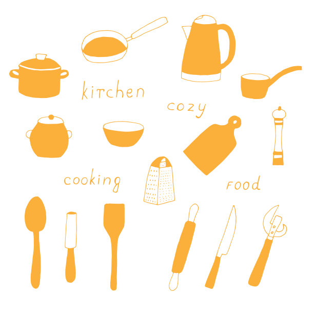 一套厨房用具烹饪，矢量涂鸦插图，橙色颜色图片下载