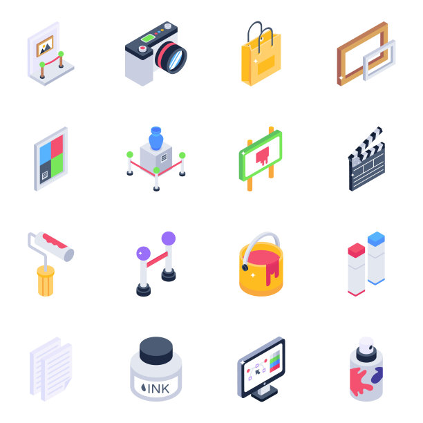 包的艺术和工具等距图标图片下载