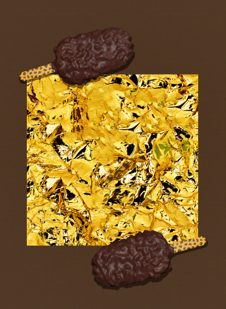 3d渲染时尚拼贴场景。巧克力冰淇淋上的金色纹理背景。极简创意的饮食风格艺术。本空间图片下载