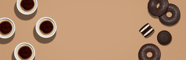 3d渲染时尚拼贴平面lay场景。 巧克力甜甜圈，饼干和咖啡色奶油咖啡杯。极简创意的食物风格。本空间图片下载