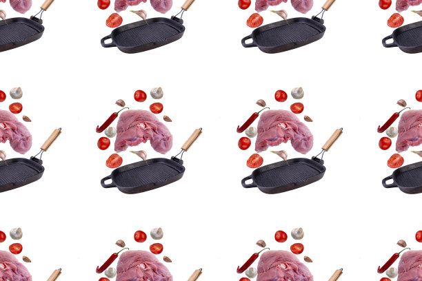 无缝图案用一块生猪肉和蔬菜落在锅上，食物图案，白色孤立的背景图片下载