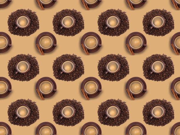 无缝图案的一杯香黑咖啡在一个碟与肉桂棒和一杯咖啡豆。横幅。图片下载