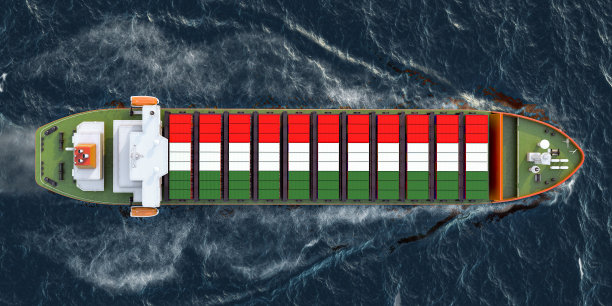 一艘载着匈牙利货物集装箱的货船在海洋中航行，3D渲染图片下载