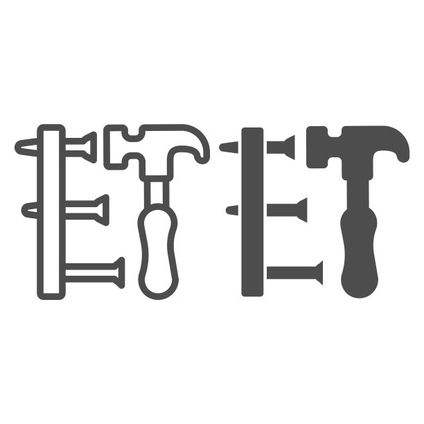 锤子和板与钉子线和固体图标，劳动节的概念，木工标志在白色的背景，锤击钉子图标在轮廓风格的移动概念和网页设计。矢量图形。图片下载