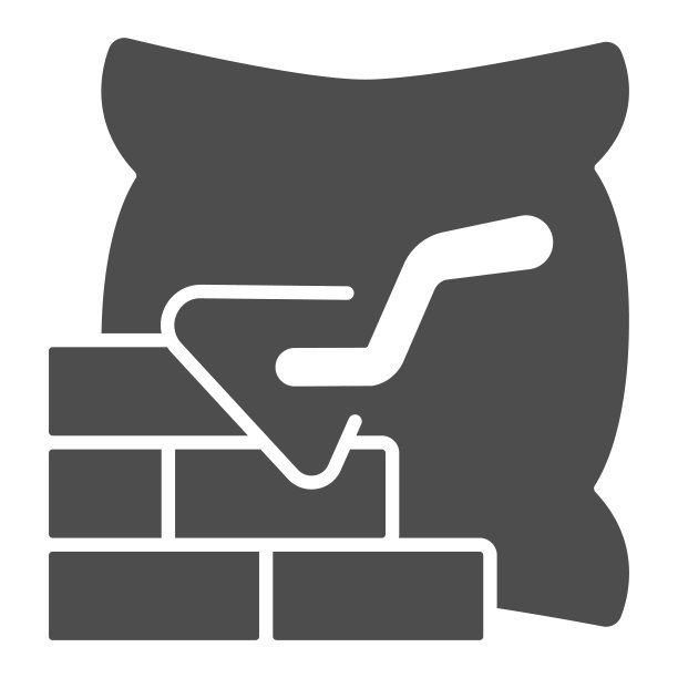 砖墙与泥铲和水泥袋固体图标，劳动节概念，水泥袋和砖墙标志在白色背景，砖墙图标在字形风格的移动。矢量图形。图片下载